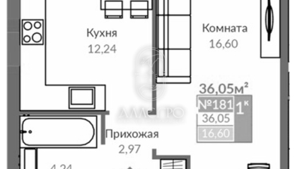 1-к квартира, 36,1 м², 1/9 эт.